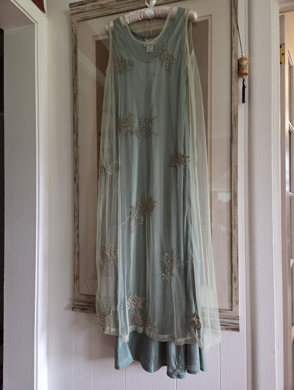 Vintage April Cornell Gatsby Tulle  Embroidered Maxi Over Slip Dress Size Large